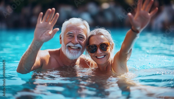 Obraz  Joyful elderly man and woman in swimwear smiling, waving in outdoor pool. Vibrant daylight reflects on rippling blue water, showcasing cheerful expressions, active lifestyle, happy retirement concept
