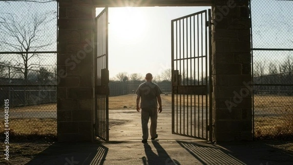 Fototapeta Prisoner walks through open gate into sunlight