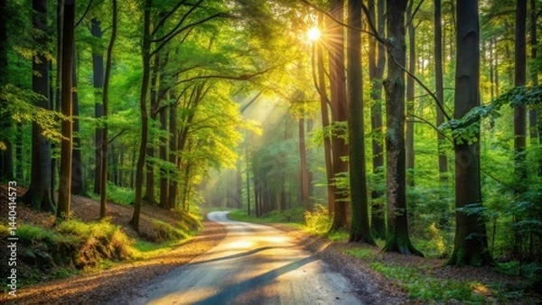 Fototapeta Winding road through a dense forest with tall trees and underbrush, sunlight filters through the leaves creating dappled patterns on the ground , foliage, trails
