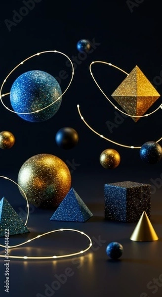 Fototapeta Abstract 3D Rendering: Glittering Gold and Blue Geometric Shapes with Lights