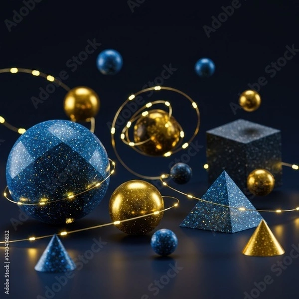 Fototapeta Sparkling Blue and Gold Geometric Abstract 3D Render: Festive Holiday Design with Illuminated Orbs and Shapes