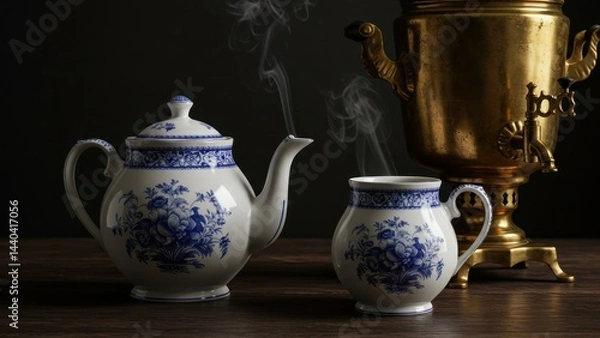 Fototapeta Antique teapot, samovar, and cup on table