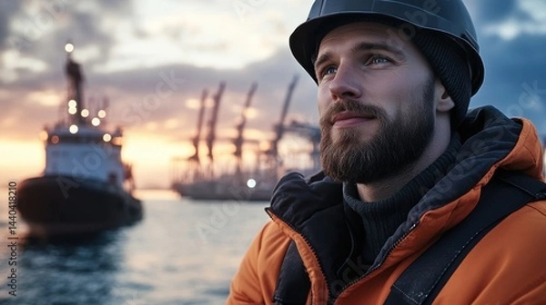 Obraz A man in work attire gazes thoughtfully toward a harbor at sunset, with ships and cranes in the background, This image can be used for maritime, logistics, and occupational safety themes,