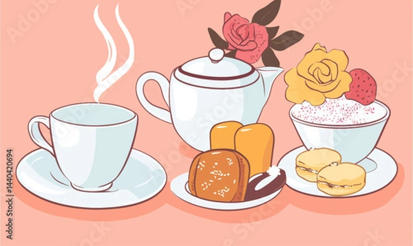 Fototapeta Elegant Tea Time Scene with Sweets and Roses Minimalist Vector Illustration