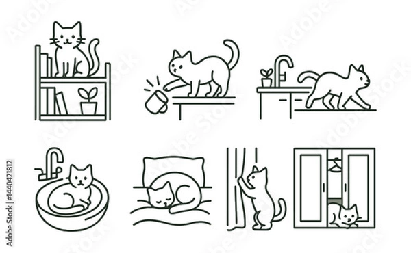 Fototapeta Cat behavior icons set – playful, curious, sleeping, exploring, mischievous