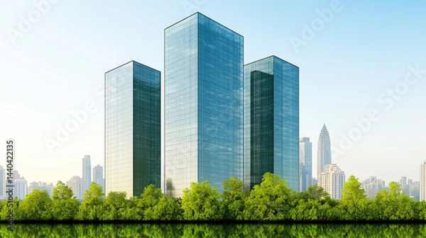 Fototapeta City Skyline: A cluster of modern glass skyscrapers, reflecting the vibrant blue sky, rise majestically above a serene lake, framed by verdant trees, embodying growth and progress.