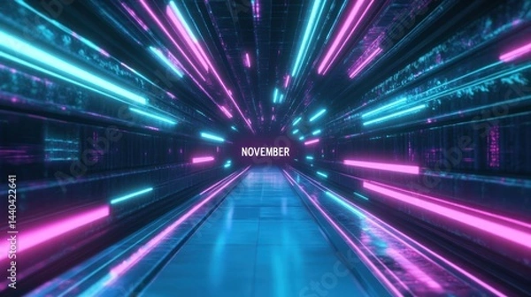 Fototapeta Illuminated tunnel design featuring neon lights and the month November