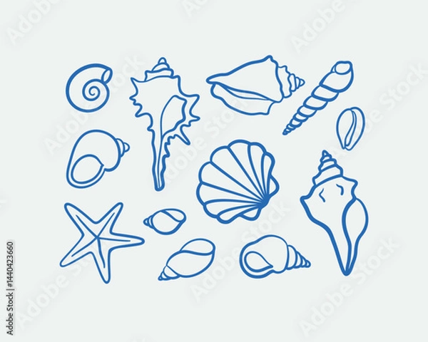 Fototapeta Hand-drawn shell Illustrations. Line art, ink, minimalist style. Vector illustration. Summer collection.