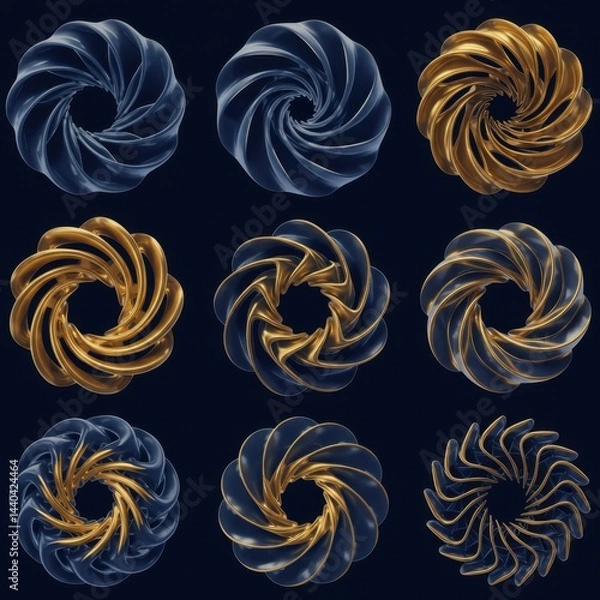 Fototapeta Abstract Swirling Gold and Blue 3D Geometric Shapes: A Collection of Intricate Designs