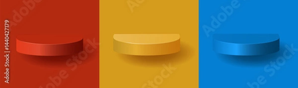 Obraz Set of 3d minimal red, yellow, blue shelf with wall. Podium display background, vector illustration design for show, presentation product, cosmetic