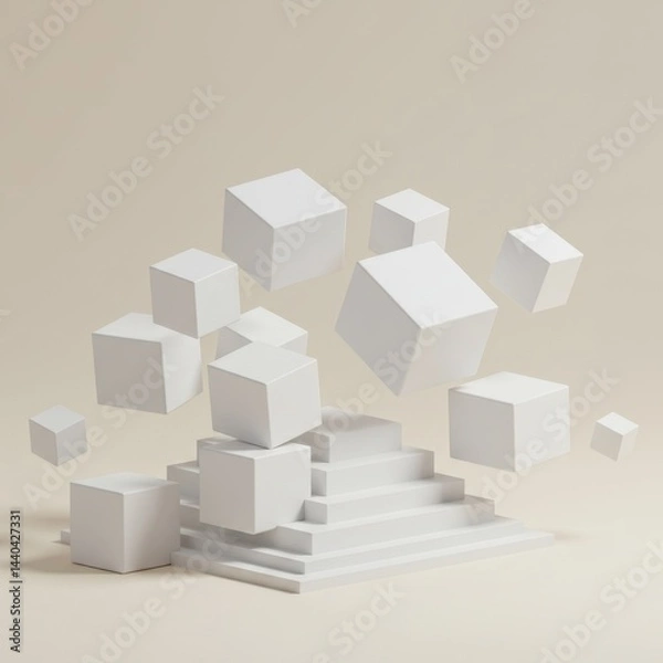 Fototapeta Abstract 3D Rendering: White Cubes Falling onto a Geometric Staircase Platform Against a Beige Background