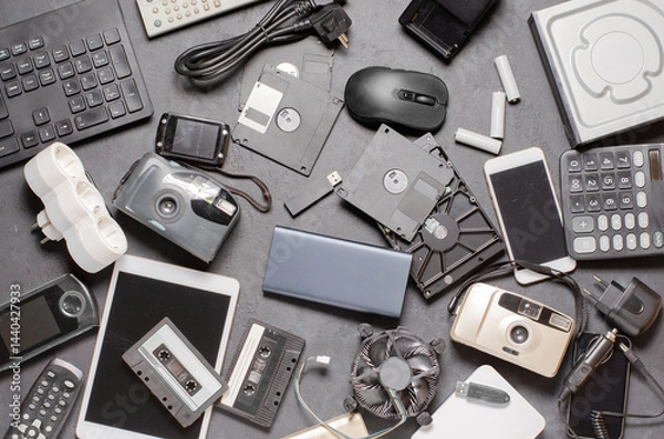 Fototapeta Old electronic devices on a black background. The concept of recycling used gadgets.