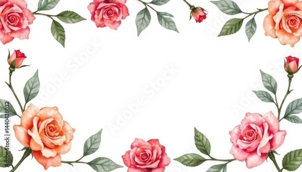Obraz Delicate watercolor roses & leaves, repeating floral design, photo, print, pastel