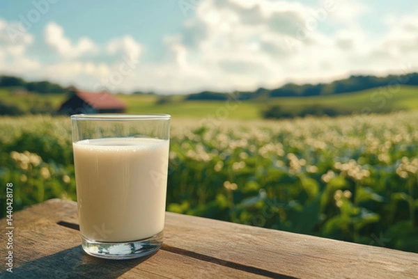 Fototapeta Soy Milk Glass on a Sunny Farm. A glass of soy milk sits on a wooden surface, with a picturesque farm in the background.
