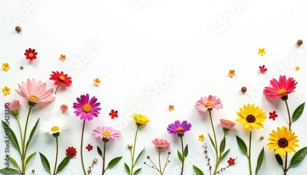 Obraz Delicate, scattered wildflowers on white background, simple, texture, design