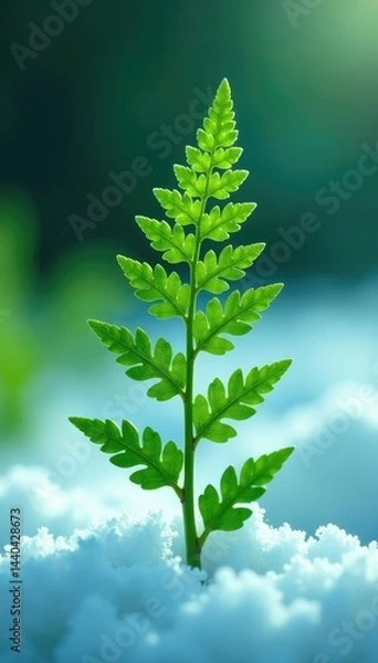 Obraz Delicate fern fronds unfolding on a snowy background, plant life, greenery