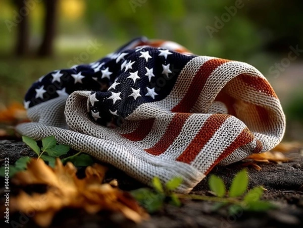 Fototapeta Patriotic American Flag Draped on Nature's Canvas Outdoor Setting Photograph Autumn Ambiance