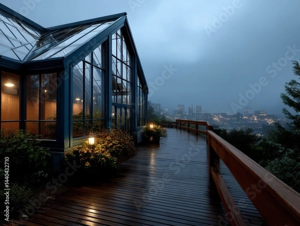 Fototapeta Serene Evening Cityscape View from Cozy Greenhouse Urban Setting Nighttime Landscape Tranquil Atmosphere
