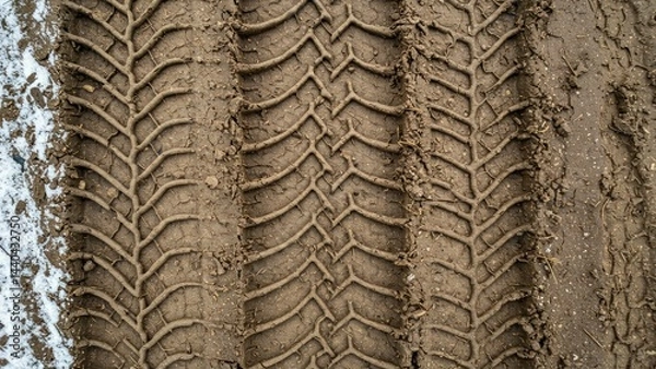 Fototapeta Tire tracks in mud with some snow, outdoors