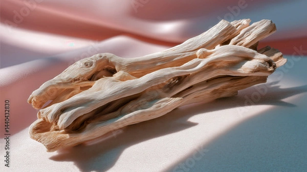 Fototapeta Driftwood pieces with smooth edges and bleached texture lying soft fabric surface warm light