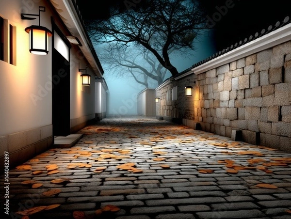 Fototapeta Serene Autumn Evening on Cobblestone Pathway Tranquil Street Scene Fall Atmosphere Quiet Environment Peaceful Perspective