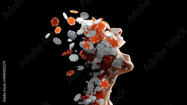 Fototapeta Exploding poker chips forming screaming face silhouette with dynamic motion and contrast