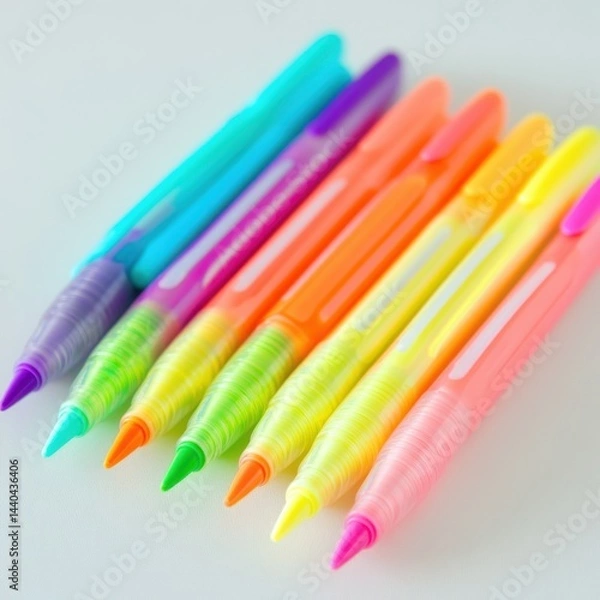 Fototapeta Set of colorful gel pens arranged in row featuring bright neon shades for artistic use