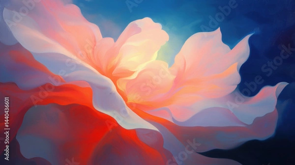 Fototapeta Giant mystical flower painting with soft pink and red petals glowing warmly