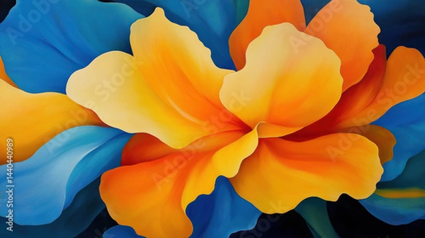 Fototapeta Vibrant abstract painting of giant mystical flower with flowing orange and blue petals