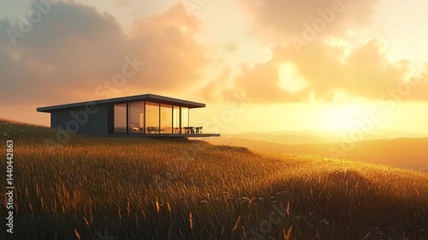 Fototapeta modern house on hilltop surrounded by tall grass, illuminated by warm sunset glow