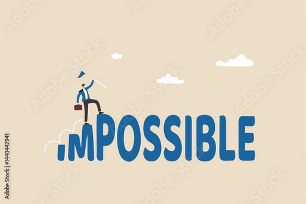Fototapeta Make impossible success possible, optimistic or creativity to help achieve business goal, challenge to solve hard problem concept, confidence businessman step up on the word IM to achieve possible.