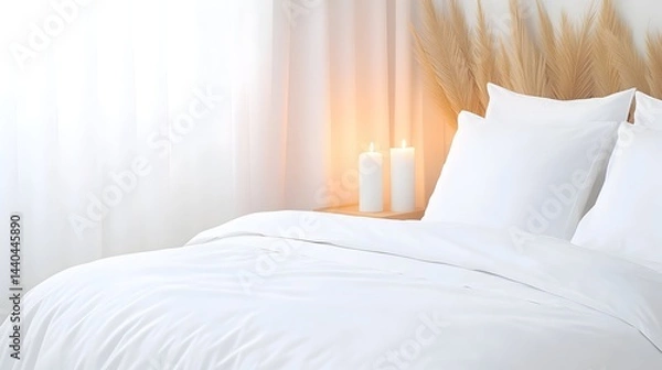 Obraz Serene bedroom scene with white bedding, lit candles, and pampas grass decor near bright window
