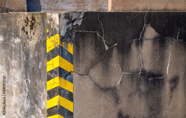 Obraz Old loading ramp railroad shed with black and yellow warning markings on a protruding corner. Weathered gray concrete surfaces with cracks and traces of time. Decorative vintage background.