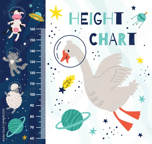Fototapeta Kids height chart, space, cute animal astronauts in outer space. Height meter. Cartoon vector flat illustration