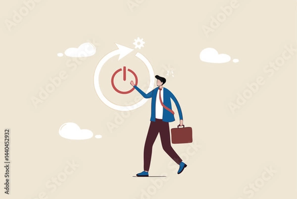 Fototapeta Time to reboot business or career, refresh working energy or restart new journey, change to improve outcome concept, smart businessman carefully reach his finger to press reboot or restart button.