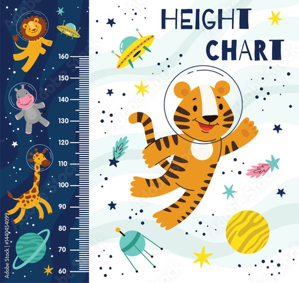 Fototapeta Kids height chart, space, cute animal astronauts in outer space. Height meter. Cartoon vector flat illustration