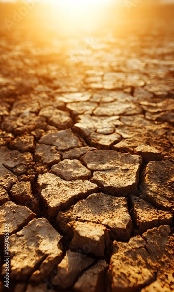 Obraz Arid landscape showcasing cracked earth texture with golden light reflecting dry environment