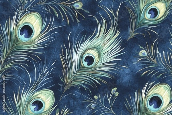Fototapeta Beautiful peacock feather pattern on deep blue background showcasing intricate details and vibrant colors