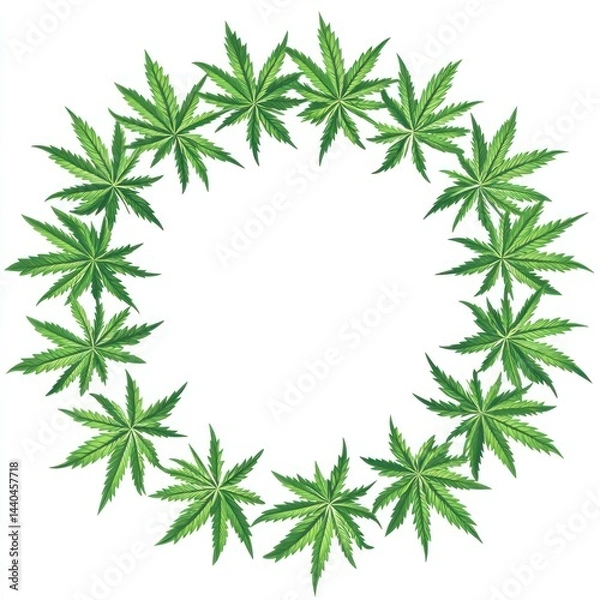 Fototapeta Circular cannabis leaves frame, blank background, graphic design, illustration, stock photo