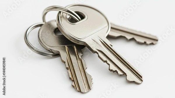 Fototapeta Polished silver keys with circular metal tag on white background.