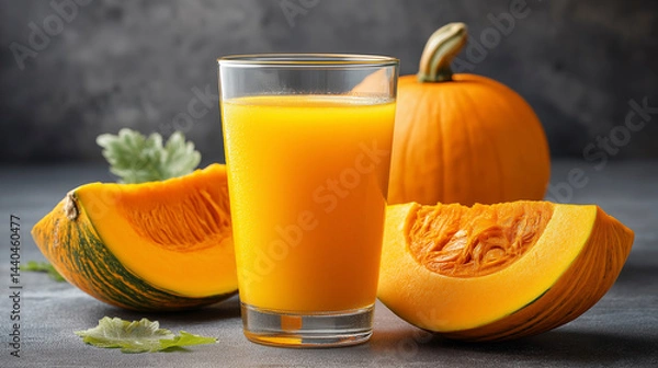 Fototapeta Freshly squeezed pumpkin juice on isolated studio background with copy space