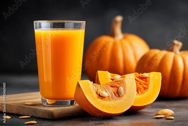 Fototapeta Freshly squeezed pumpkin juice on isolated studio background with copy space