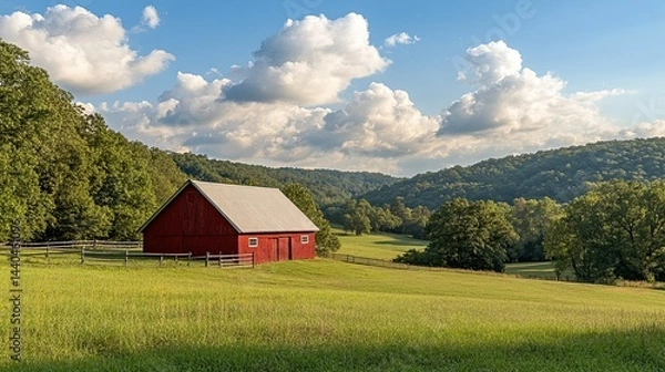 Fototapeta A charming red barn set amid rolling green hills under a bright sky dotted with fluffy clouds. 