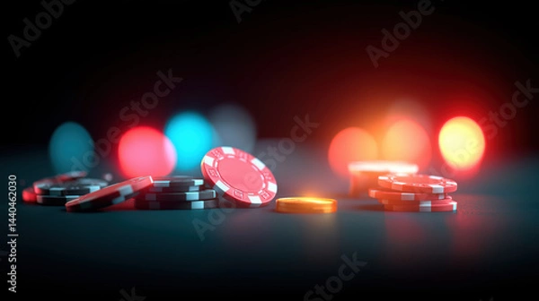 Fototapeta Poker chips scattered on dark table with colorful glowing lights creating vibrant casino mood
