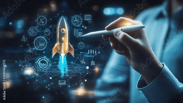 Obraz A corporate leader's hand holding a white pen, drawing a rocket and various business icons in holographic style on a grey backdrop, representing a start-up growth plan