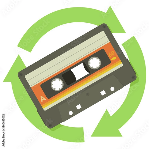 Fototapeta Audio cassette with a green circular symbol of three recycling arrows in a flat design style (cut out)