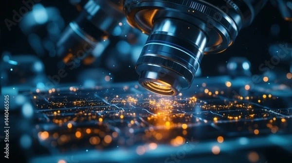 Fototapeta cybernetic lens zooming in on microscopic details, showcasing the power of AI-enhanced focus in medical and scientific advancements