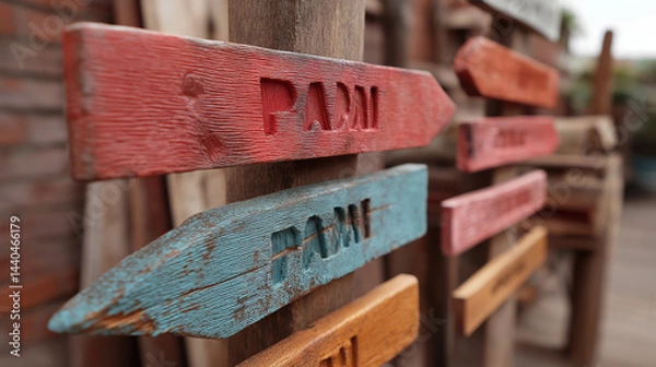 Fototapeta Rustic wooden signpost with colorful painted arrows pointing in different directions