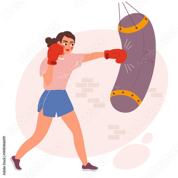 Fototapeta Boxing woman exercises with punching bag. Powerful female boxer in gym workout session. Flat vector illustration