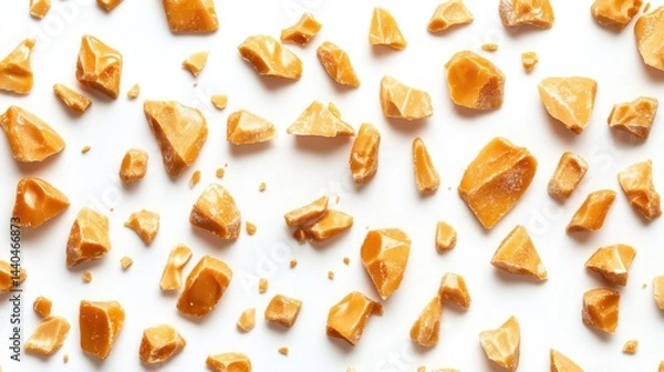 Fototapeta Scattered caramel candy chunks on white background showing golden glossy texture and shine